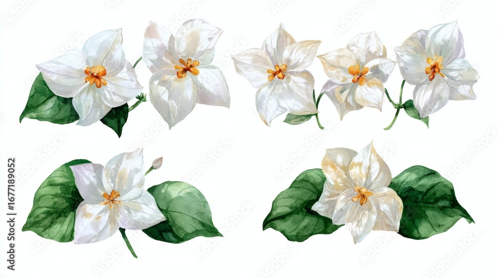 Fototapeta premium A collection of watercolor illustrations featuring white flowers with yellow centers and green leaves, arranged in various positions