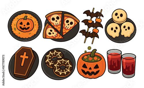 Spooky halloween-themed food and drink, featuring pumpkin soup, skull pizzas, bat skewers, and ghost doughnuts