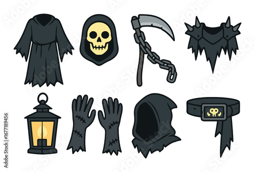 Medieval fantasy icon set: robe, skull, scythe, armor, lantern, gloves, hood, belt