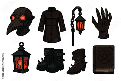 Vintage plague doctor attire with lanterns, boots, and mystical book illustration