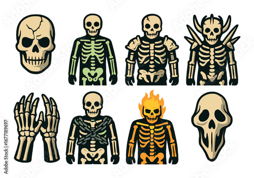Colorful skeleton variants featuring skulls, bones, and unique outfits