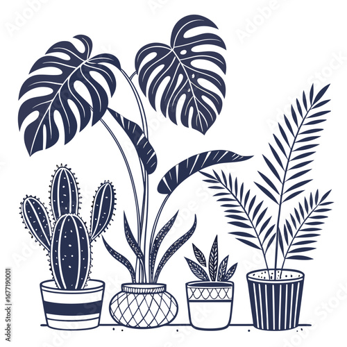 Dark Blue Silhouette Potted Houseplants on White Background potted plant monstera