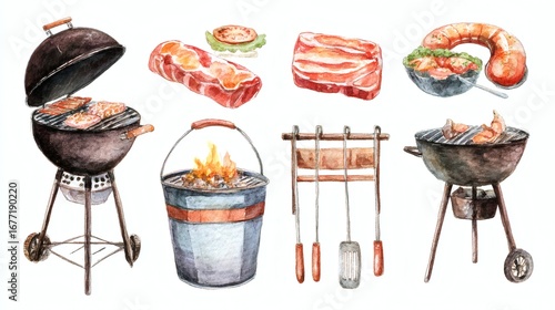 A watercolor illustration of barbecue equipment and food items, including grills, meats, and grilling tools