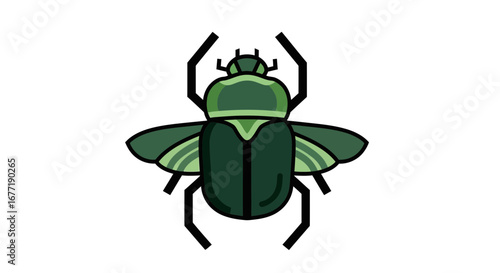 Stylized vector illustration of a green beetle with detailed wings and legs, isolated on a white background, symbolizing nature and insects in a clean, modern graphic design