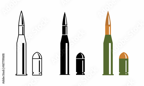 Rifle and pistol bullets icon set: outline, solid black, and colored military design with copper and green. Perfect for icons, symbols, infographics, military themes, and weapon illustrations.