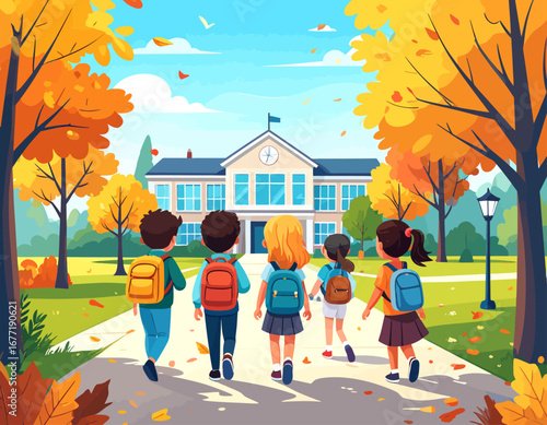 Vibrant autumn scene with a diverse group of elementary school children walking towards the school building, symbolizing a new academic year and friendship