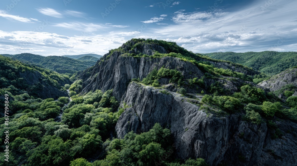 Obraz premium A verdant valley nestled amongst dramatic, dark gray cliffs under a bright sky filled with fluffy clouds.