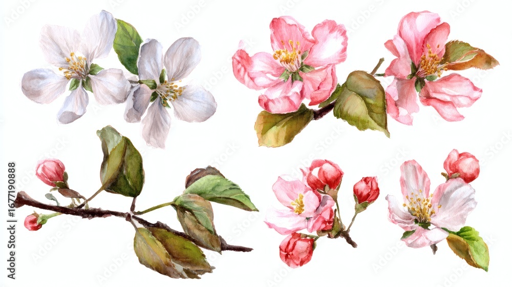 Fototapeta premium A collection of watercolor illustrations of apple blossoms in white and pink, featuring flowers and buds with green leaves