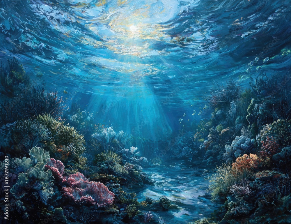 Fototapeta premium Sunlit underwater coral reef