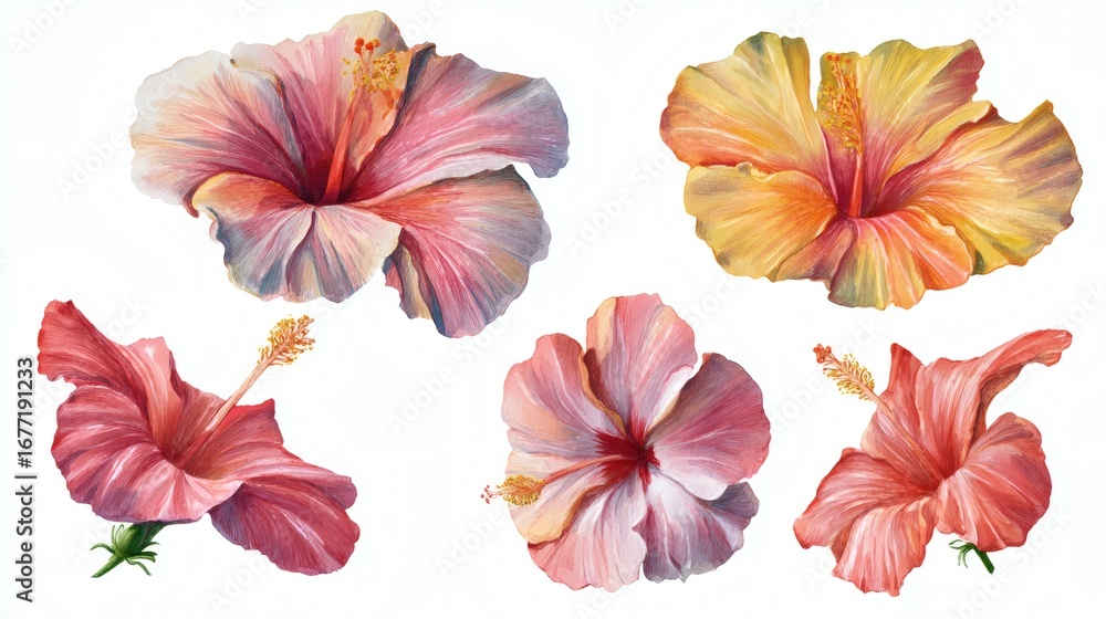 Fototapeta premium A collection of beautifully painted hibiscus flowers in various colors and orientations, showcasing intricate details and vibrant hues