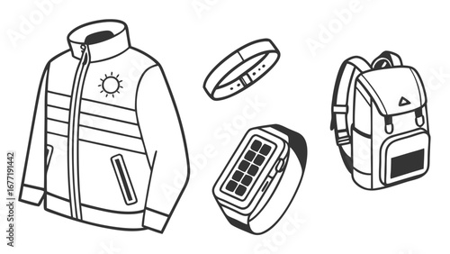 Illustration of a jacket, watch and backpack