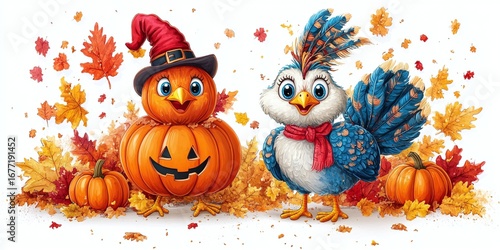 Festive Halloween pumpkin-bird and turkey-bird characters with autumn leaves, for fun holiday decor