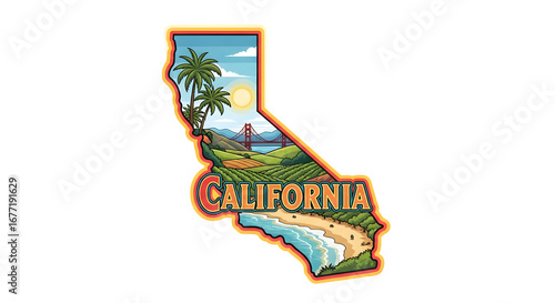 California State Illustrated Map with Beach and Mountains.
