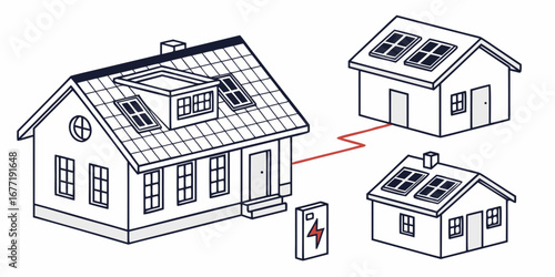 Illustration of houses connected with solar panels and battery storage system