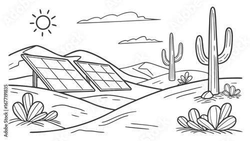 Illustration of solar panels in desert landscape