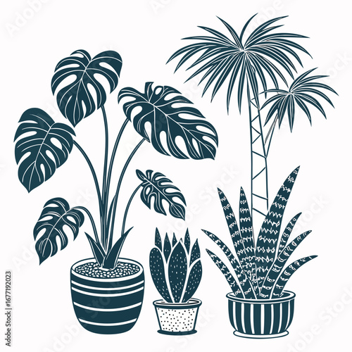 Collection of potted houseplants in dark teal silhouette on white potted plant monstera