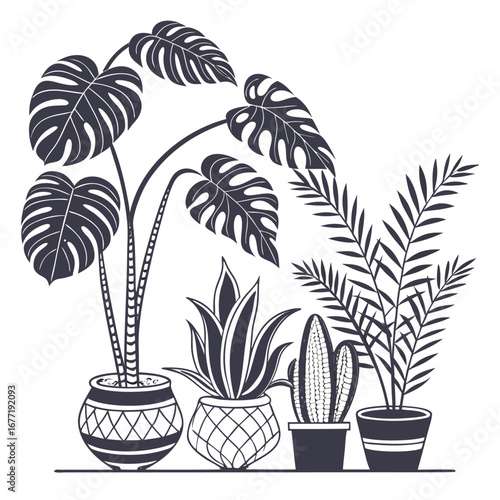 Collection of potted houseplants in dark blue silhouette on white potted plant monstera