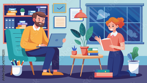 Man working on laptop while woman reads a book in cozy home office environment with plants and books