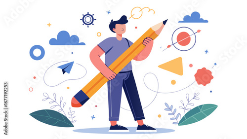 Young man holding giant pencil surrounded by creative abstract elements symbolizing imagination and design