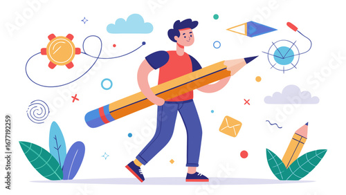 Creative young man holding a giant pencil surrounded by abstract elements and symbols of imagination