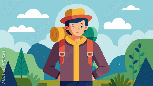 Young traveler with backpack and hat enjoying solo hiking adventure in nature