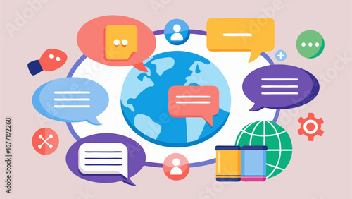 Global communication concept with speech bubbles, digital devices, and social interaction icons around Earth