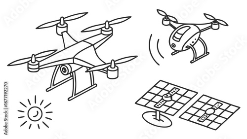Vector art of drone and solar panel line icons for renewable energy isolated on white