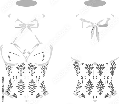 Lingerie corset vector, fashion design, vintage bustier illustration, front and back view, embroidery pattern, feminine garment, sexy wear, stylish women’s clothing