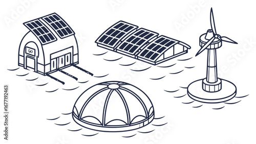 Vector art of floating renewable energy station with solar panels and wind turbine
