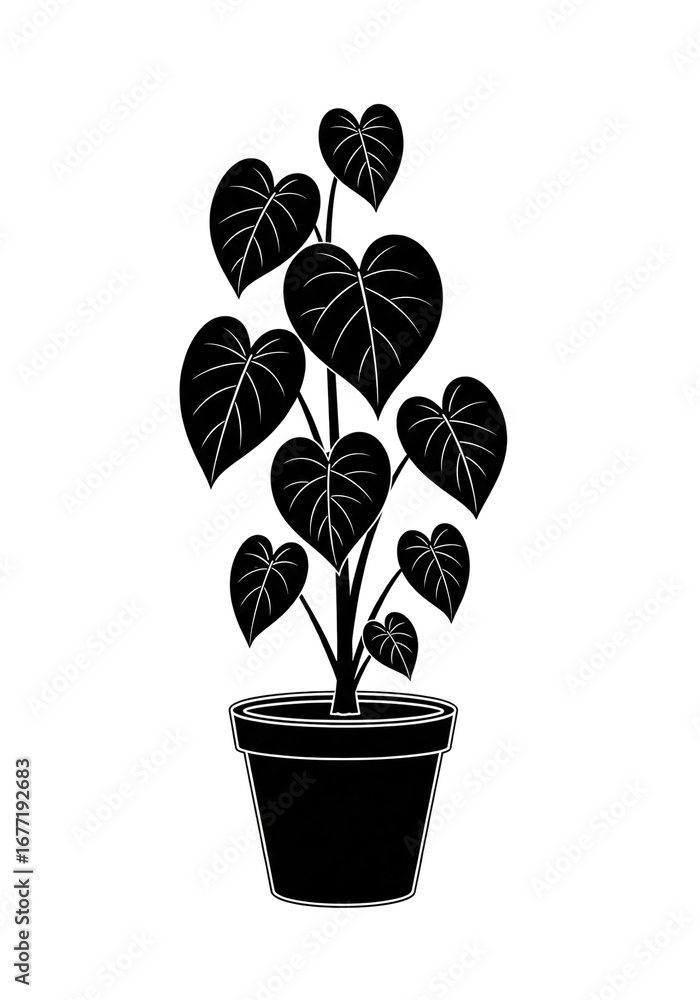 Obraz premium Black Silhouette Potted Houseplant with Heart-Shaped Leaves Vector Graphic Illustration Isolated on White Background