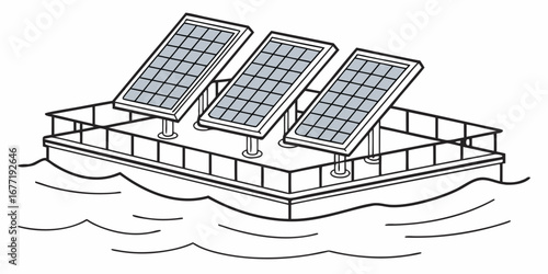 Vector art of floating solar panels on a platform in the water