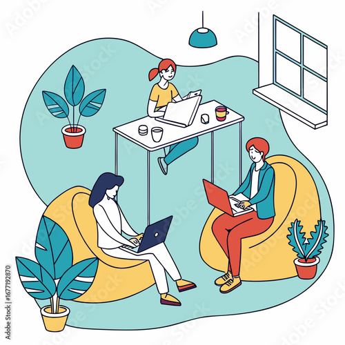 Illustration of Remote Work Setup in Shared Workspace