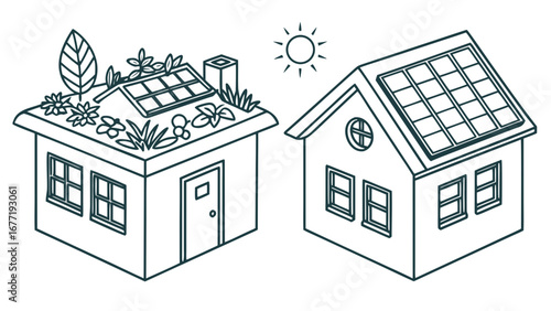 Vector art of isometric illustration of eco houses with solar panel