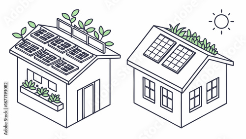 Vector art of isometric illustration of eco houses with solar panel and plants on roof
