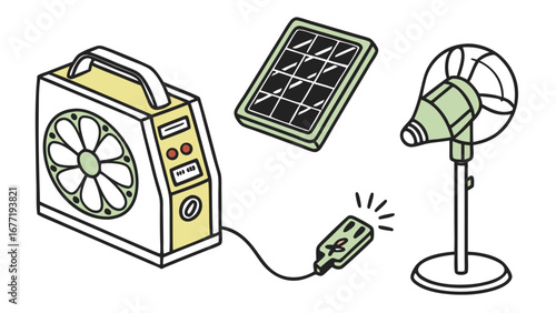 Vector art of renewable energy set with solar panel, generator, and fan