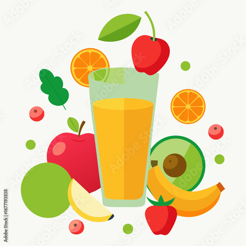 Vector art illustration of fresh fruits surrounding a glass filled with fruit juice