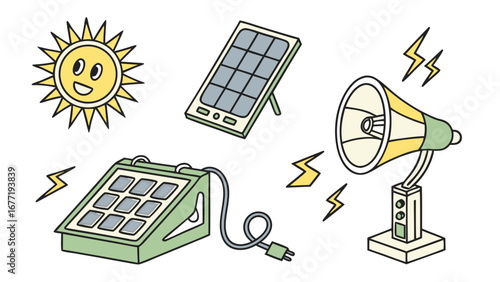 Vector art of renewable energy set with solar panel, generator, and megaphone