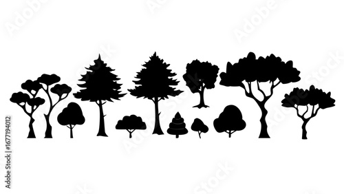 Silhouette of diverse trees including pine and deciduous trees in a forest landscape scene artfully arranged created with generated ai