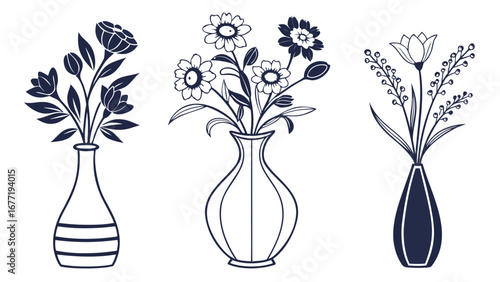 Three vases each holding a different flower arrangement in a black and white line drawing style created with generated ai