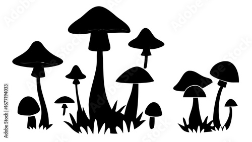 Silhouette illustration of a group of various mushrooms and grass in a black and white design style created with generated ai