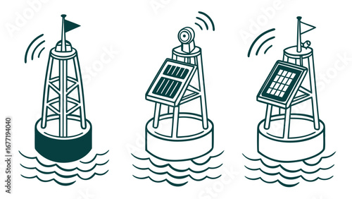 Vector art of set of buoys with solar panels in the sea