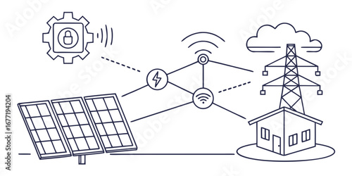 Vector art of smart energy grid with solar panels and power line