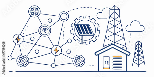 Vector art of smart energy network with solar panels and power station