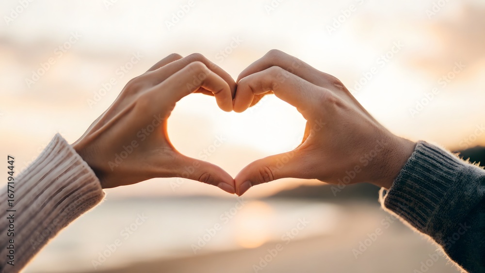 Obraz premium Hands Forming a Heart Shape Against a Soft Sunrise A Symbol of Love and Connection A Beautiful Moment
