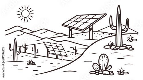 Vector art of solar panels in desert landscape