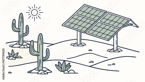 Vector art of solar panels in the desert with cactus