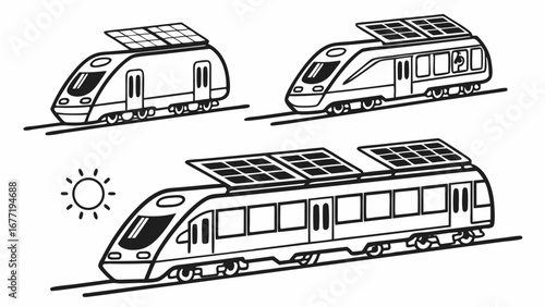 Vector art of solar powered trains on railway tracks