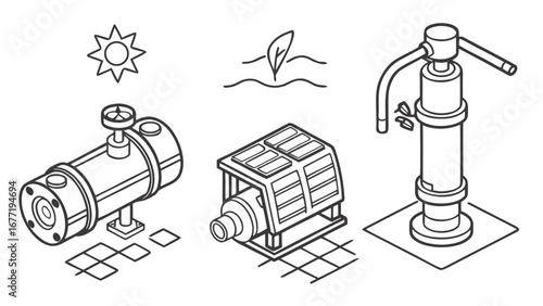 Vector art of solar powered water pump and storage