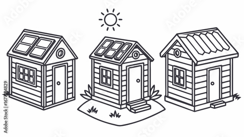 Vector art of three houses with solar panels