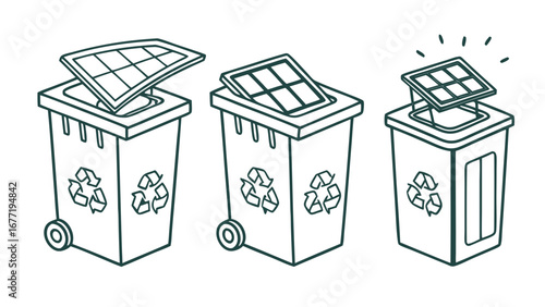 Vector art of three recycling bins with solar panels